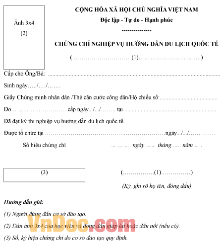 Mẫu chứng chỉ về nghiệp vụ hướng dẫn viên du lịch quốc tế