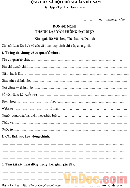 Mẫu đơn đề nghị về việc thành lập văn phòng đại diện