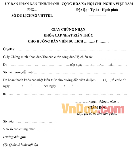 Mẫu giấy chứng nhận khóa cập nhật kiến thức cho hướng dẫn viên