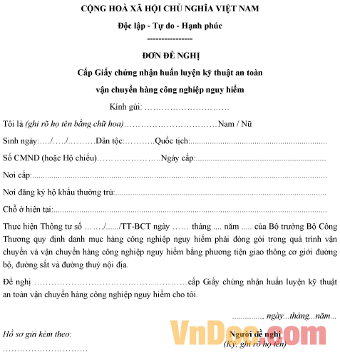 Mẫu đơn xin cấp giấy chứng nhận huấn luyện kỹ thuật an toàn vận chuyển hàng công nghiệp nguy hiểm