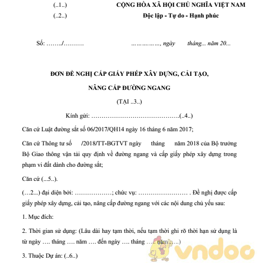 Đơn đề nghị cấp giấy phép xây dựng cải tạo nâng cấp đường ngang