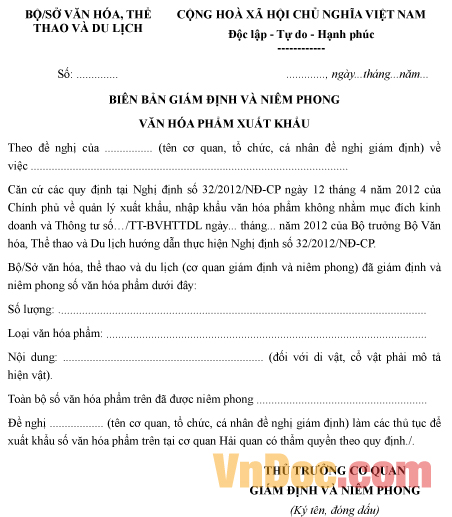 Mẫu biên bản về việc giám định và niêm phong văn hóa phẩm xuất khẩu