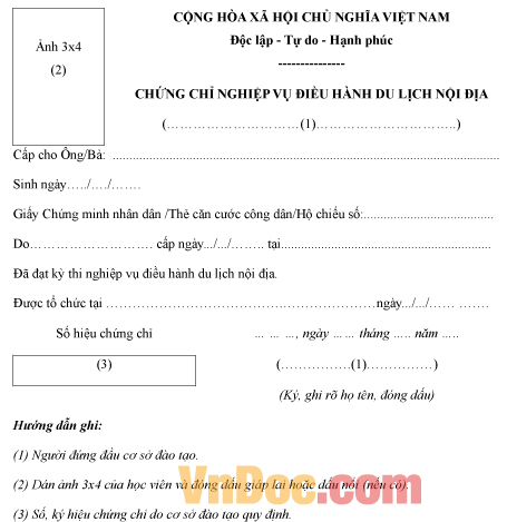 Mẫu chứng chỉ nghiệp vụ điều hành du lịch