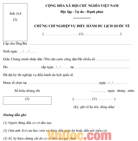 Mẫu chứng chỉ nghiệp vụ điều hành du lịch