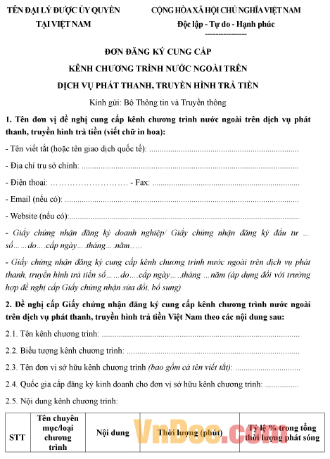 Mẫu đơn đăng ký cung cấp kênh chương trình nước ngoài trên dịch vụ phát thanh, truyền hình trả tiền