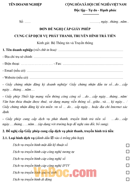 Mẫu đơn đề nghị về việc cấp giấy phép cung cấp dịch vụ phát thanh, truyền hình trả tiền
