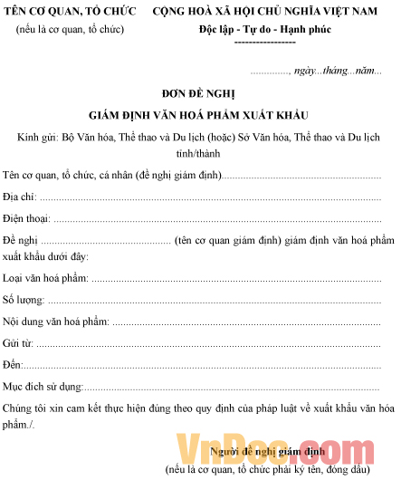 Mẫu đơn đề nghị về việc giám định văn hóa phẩm xuất khẩu