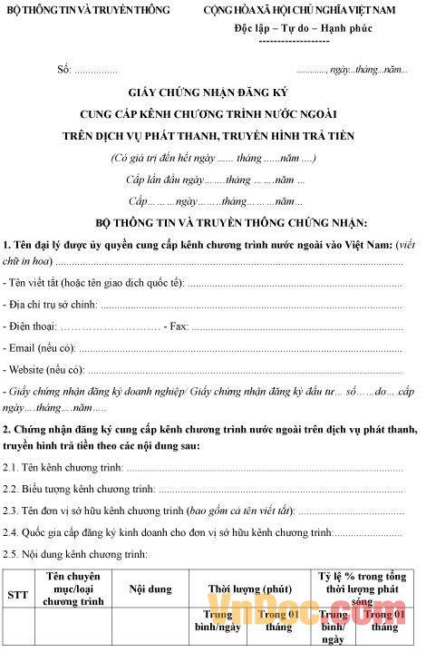 Mẫu giấy chứng nhận đăng ký cung cấp chương trình nước ngoài trên dịch vụ phát thanh, truyền hình trả tiền