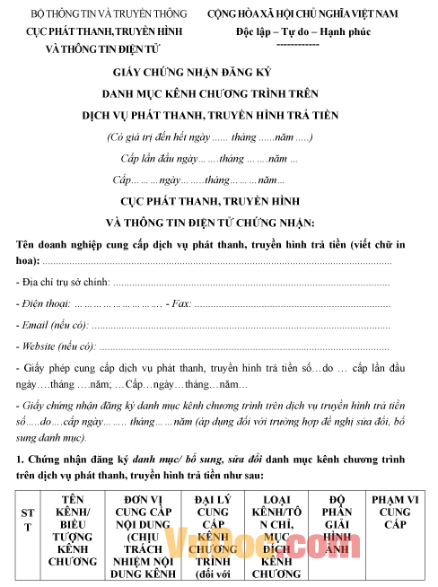 Mẫu giấy chứng nhận đăng ký danh mục kênh chương trình trên dịch vụ truyền hình trả tiền