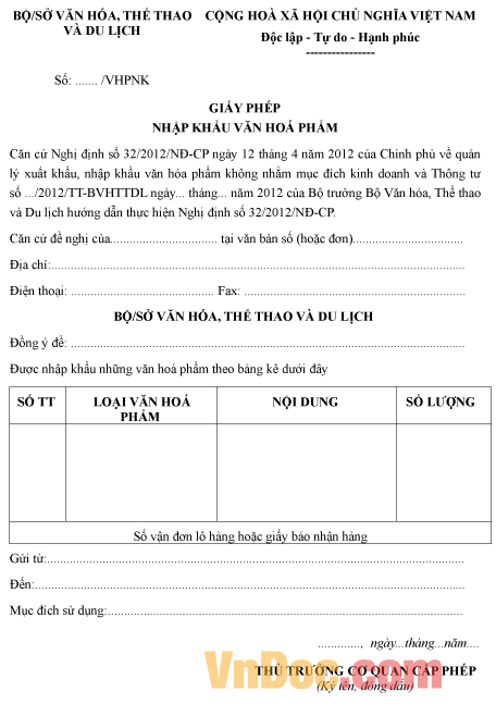 Mẫu giấy phép về việc nhập khẩu văn hóa phẩm