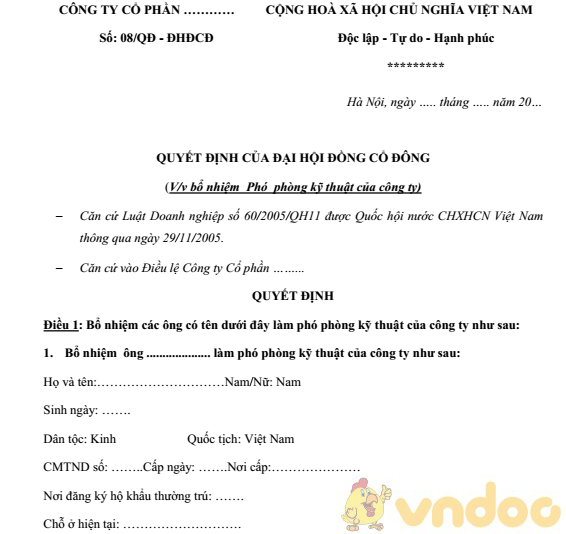 Mẫu quyết định bổ nhiệm phó phòng