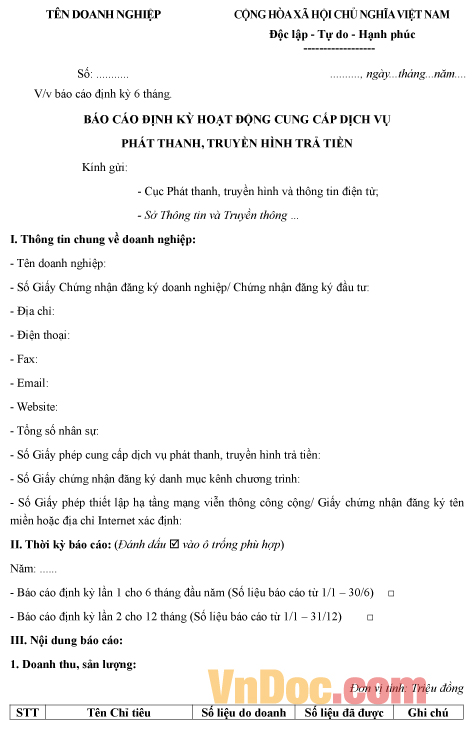 Mẫu báo cáo định kỳ về hoạt động cung cấp dịch vụ phát thanh, truyền hình trả tiền