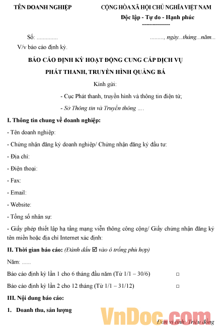 Mẫu báo cáo định kỳ hoạt động cung cấp dịch vụ phát thanh, truyền hình quảng bá
