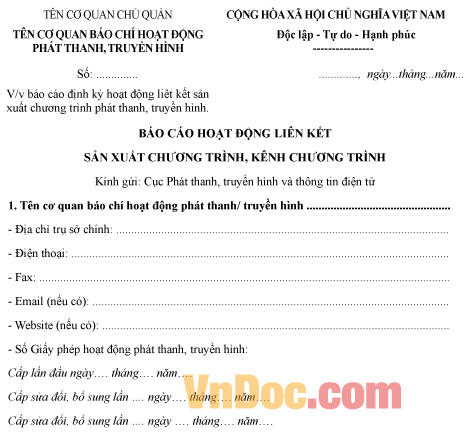 Mẫu báo cáo về hoạt động liên kết sản xuất chương trình, kênh chương trình
