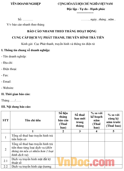 Mẫu báo cáo nhanh theo tháng hoạt động cung cấp dịch vụ phát thanh, truyền hình trả tiền
