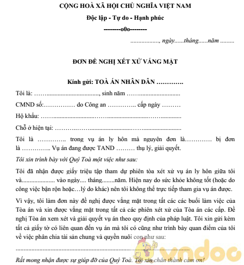 Mẫu đơn đề nghị xét xử ly hôn vắng mặt