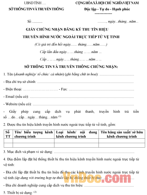 Mẫu giấy chứng nhận đăng ký thu tín hiệu truyền hình nước ngoài trực tiếp