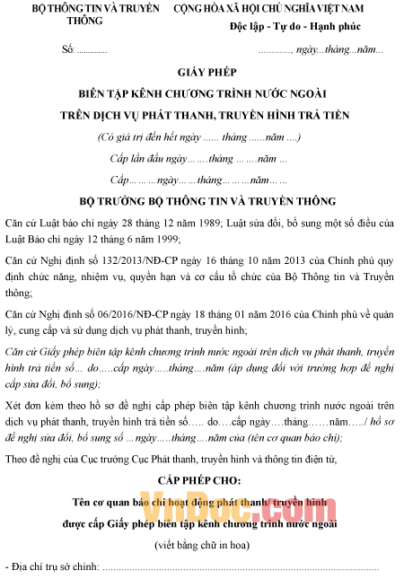 Mẫu giấy phép biên tập kênh chương trình nước ngoài trên truyền hình trả tiền