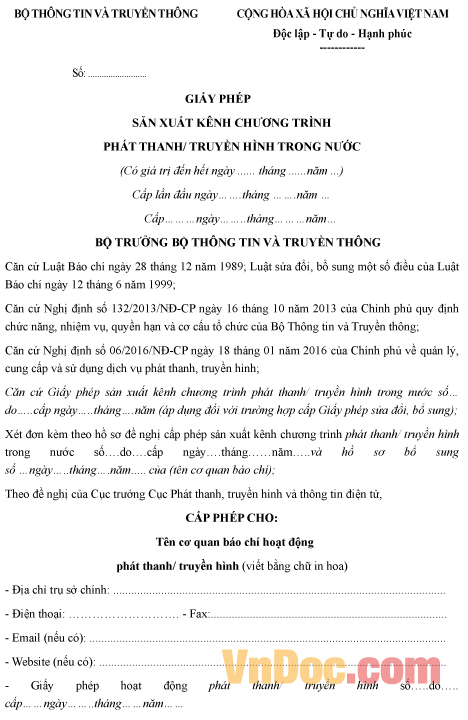 Mẫu giấy phép sản xuất kênh chương trình trong nước