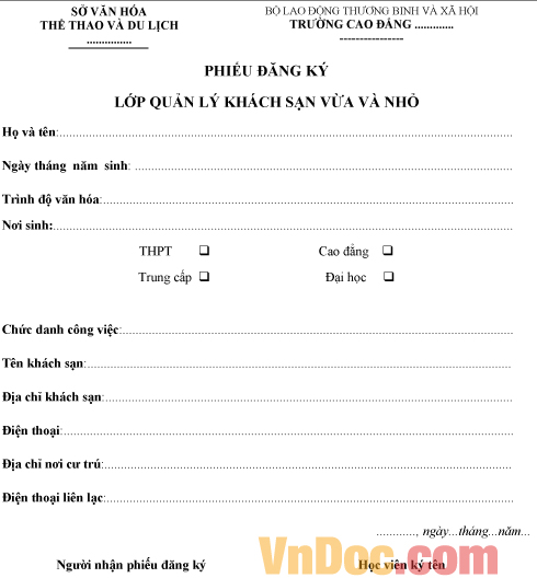 Mẫu phiếu đăng ký tham gia lớp quản lý khách sạn vừa và nhỏ