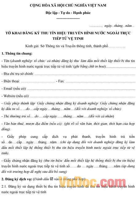 Mẫu tờ khai đăng ký thu tín hiệu truyền hình nước ngoài trực tiếp