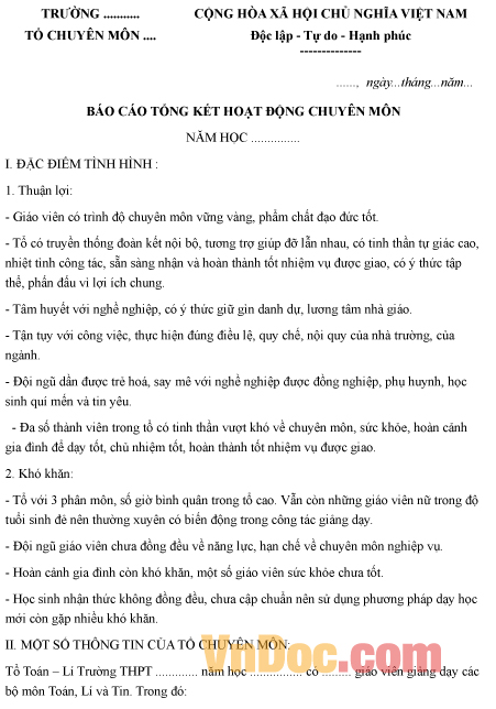 Mẫu báo cáo tổng kết của tổ chuyên môn trường THPT