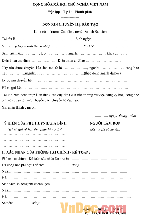 Mẫu đơn xin được chuyển hệ đào tạo