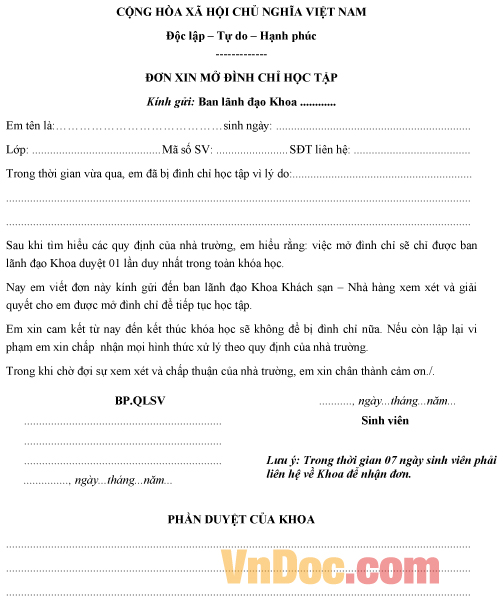 Mẫu đơn xin được mở đình chỉ để tiếp tục học tập