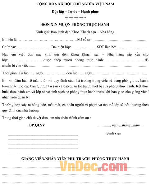 Mẫu đơn xin được mượn phòng thực hành