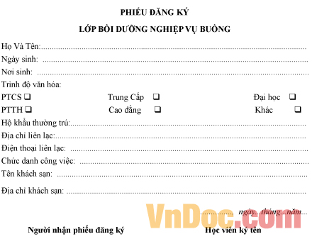 Mẫu phiếu đăng ký tham gia lớp bồi dưỡng nghiệp vụ buồng, phòng
