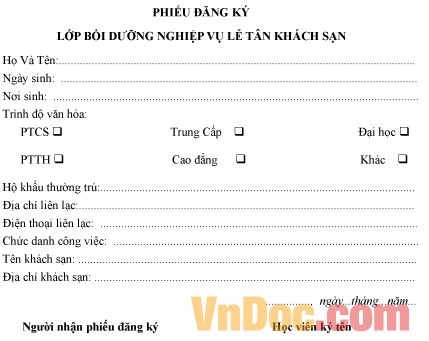 Mẫu phiếu đăng ký tham gia lớp bồi dưỡng nghiệp vụ lễ tân khách sạn