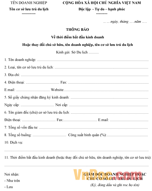 Mẫu thông báo kinh doanh của cơ sở lưu trú du lịch