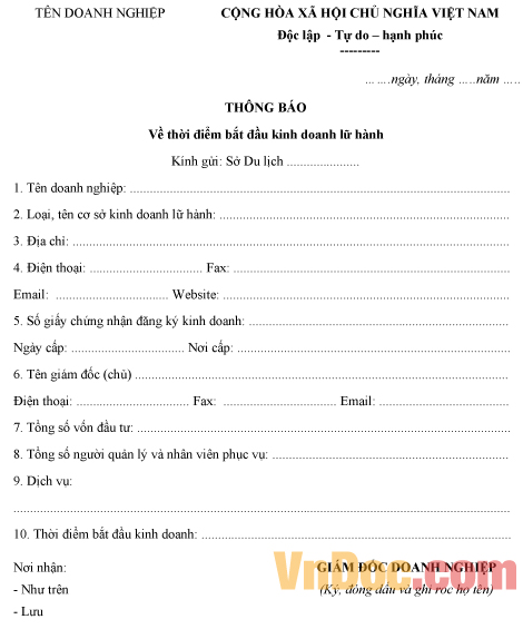 Mẫu thông báo về việc kinh doanh hoạt động lữ hành du lịch