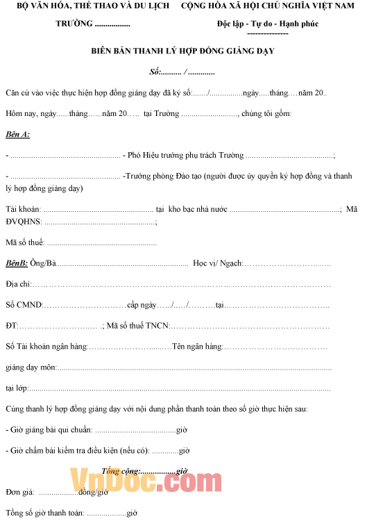 Mẫu biên bản ghi chép về việc thanh lý hợp đồng giảng dạy