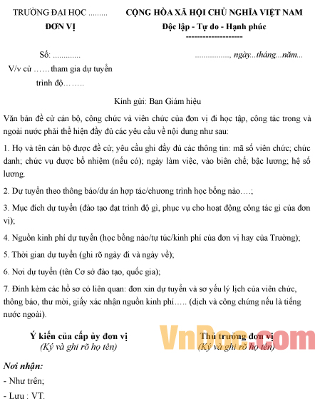 Mẫu công văn của đơn vị cử nhân viên, viên chức đi đào tạo