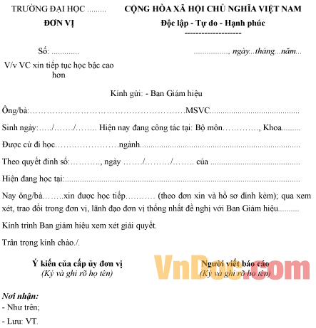 Mẫu đơn đề nghị giải quyết việc viên chức xin tiếp tục học bậc cao hơn