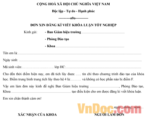Mẫu đơn xin được đăng kí viết khóa luận tốt nghiệp