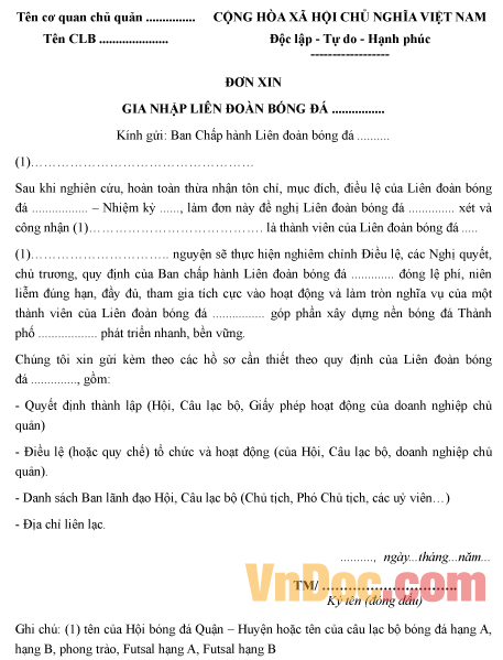 Mẫu bản cam kết về việc tuân thủ quy định của liên đoàn bóng đá