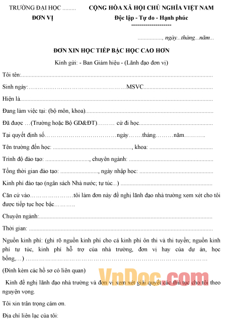 Mẫu đơn xin được học tiếp bậc học cao hơn