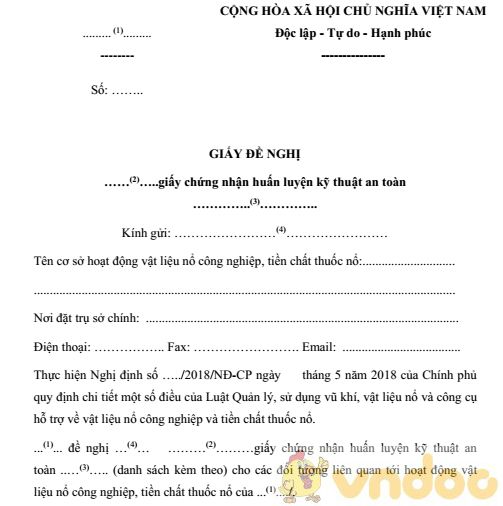 Mẫu giấy đề nghị huấn luyện, kiểm tra, cấp giấy chứng nhận huấn luyện kỹ thuật an toàn
