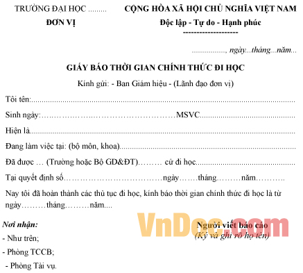 Mẫu giấy thông báo về thời gian chính thức đi học