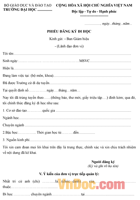 Mẫu phiếu đăng ký về việc đi học