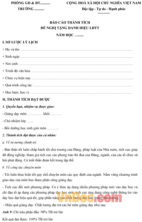 Mẫu báo cáo thành tích cá nhân cuối năm học của giáo viên THCS