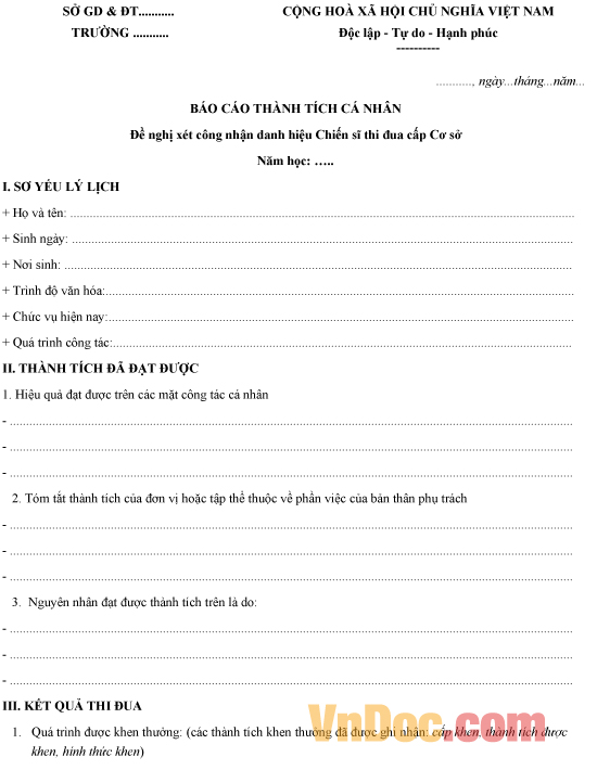 Mẫu báo cáo thành tích cá nhân cuối năm học của giáo viên THPT