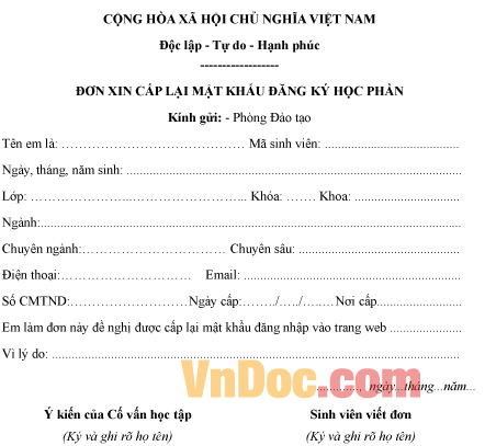 Mẫu đơn xin cấp lại mật khẩu đăng ký tín chỉ