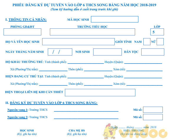 Mẫu đơn đăng ký dự tuyển vào lớp 6 chương trình song bằng
