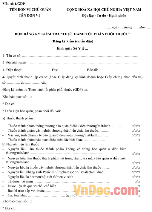 Mẫu đơn đăng ký về việc kiểm tra thực hành tốt phân phối thuốc