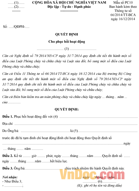 Mẫu quyết định về việc cho phục hồi hoạt động