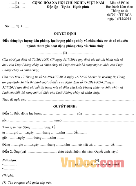 Mẫu quyết định điều động lực lượng chuyên ngành tham gia hoạt động phòng cháy và chữa cháy