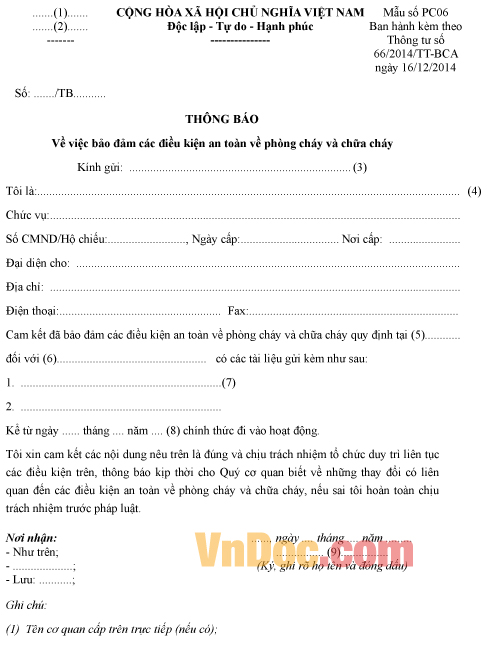 Mẫu thông báo về việc bảo đảm các điều kiện an toàn về phòng cháy, chữa cháy